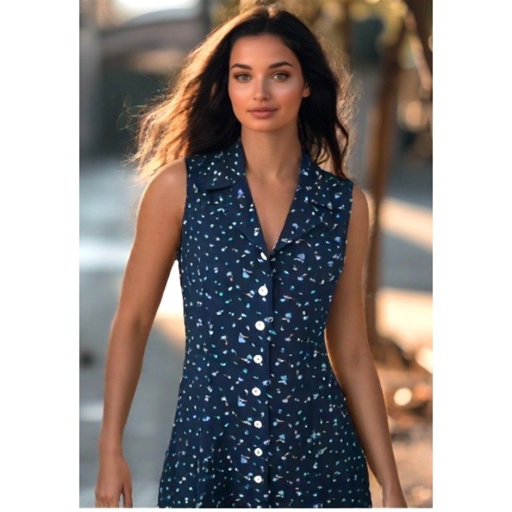 90s Robbie Bee Floral Midi Dress Size 8 Blue Sleeveless Collar Pearl Button EUC